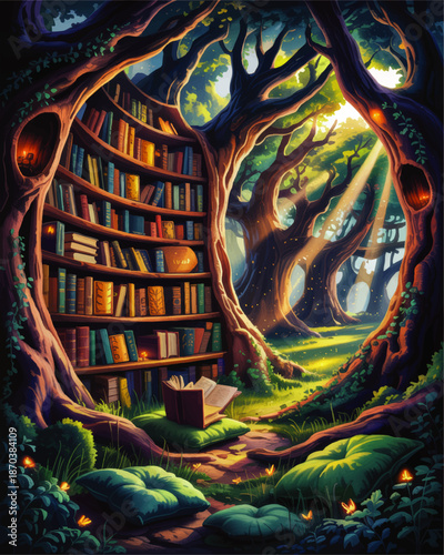 Enchanted forest library with magical books and glowing fireflies, cozy reading nook among ancient trees, fantasy illustration