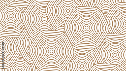 Abstract geometric pattern with rounded polygon shapes filled with concentric line contours in warm brown tones, creating a modern organic and optical design.
