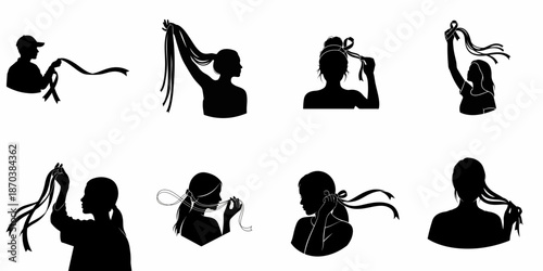 A collection of black silhouette icons depicting people interacting with ribbons and long hair, symbolizing beauty, styling, fashion accessories, and awareness.