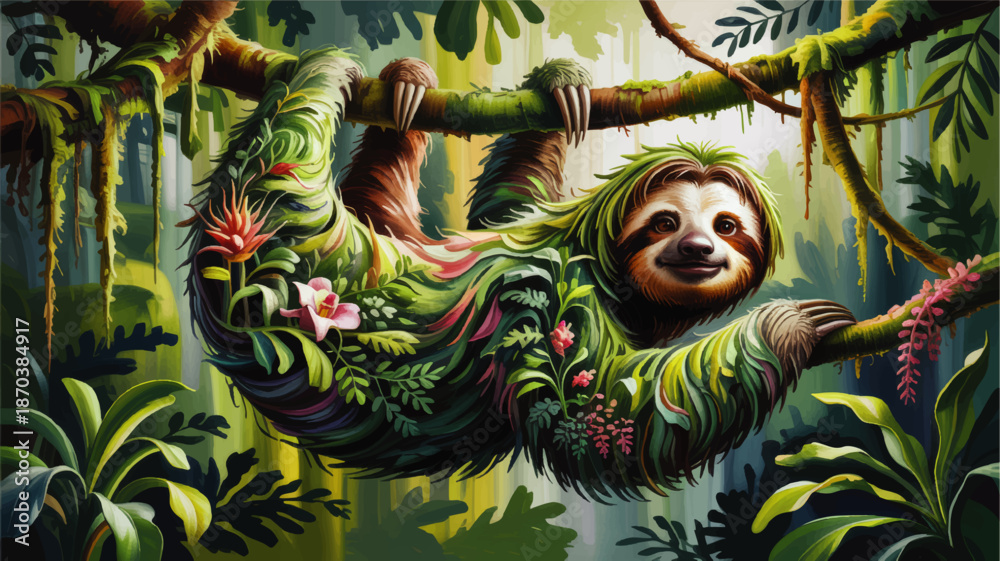 Fototapeta premium Whimsical sloth covered in lush jungle foliage and tropical flowers, colorful fantasy rainforest wildlife illustration, nature art