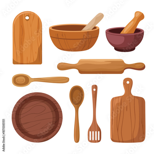 Assorted wooden kitchen utensils and cooking essentials