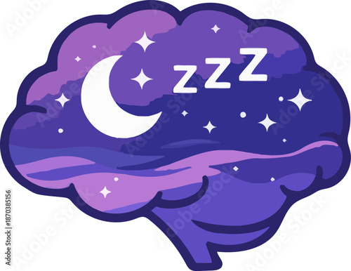 Sleeping Brain Illustration with Crescent Moon and Starry Night Sky Concept