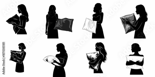 Set of eight black vector silhouettes of women embracing pillows, depicting concepts of good night sleep, comfort, and relaxation.