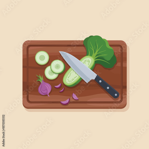 Fresh vegetables and knife on wooden chopping board