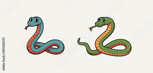 Cartoon illustration of two colorful snakes with different expressions