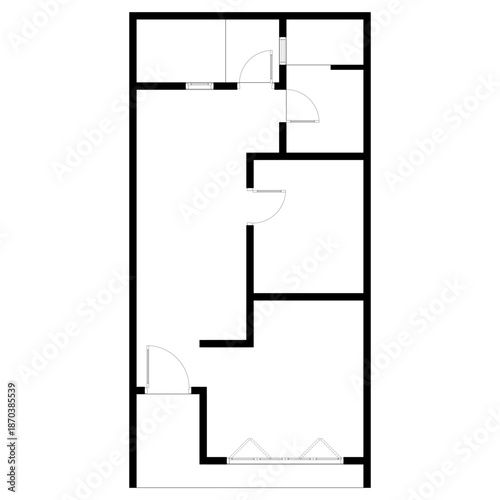 Vector outline plan of home architecture in black and white style. Modern apartment floorplan blueprint with empty interior space. Drawing template for real estate or construction design, vector eps.