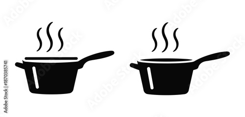 Two black saucepan silhouettes with steam rising against white background