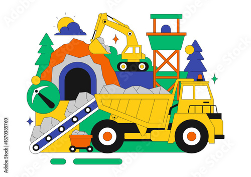 Mining Company Vector Illustration Featuring Heavy Yellow Dumper Trucks for Industrial Sand Mining Transportation Process on Flat Background