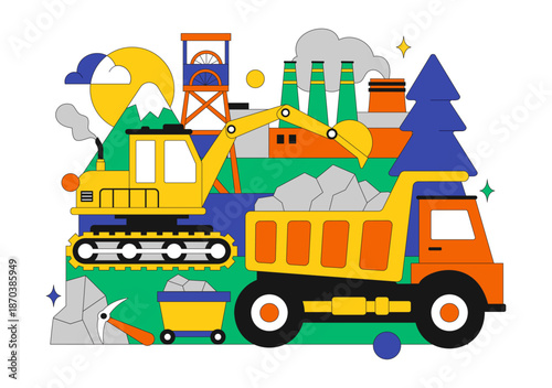 Mining Company Vector Illustration Featuring Heavy Yellow Dumper Trucks for Industrial Sand Mining Transportation Process on Flat Background