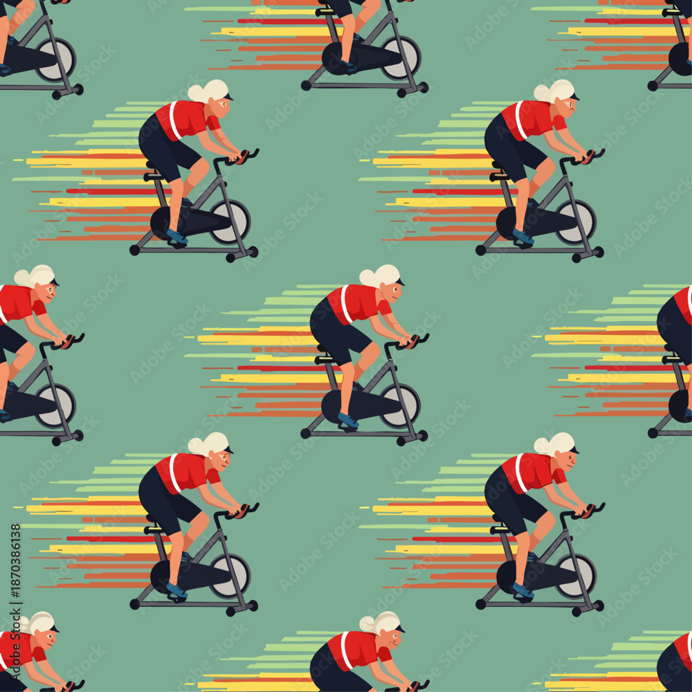 Fototapeta premium Seamless pattern of an active senior woman cycling on a stationary bike, representing fitness and healthy aging