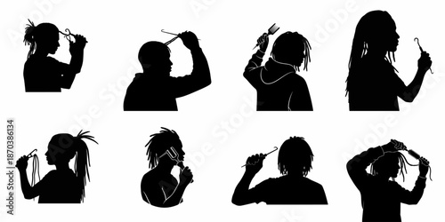 Set of eight black silhouettes illustrating people with dreadlocks performing hair care and styling routines using various specialized tools like crochet hooks and picks.