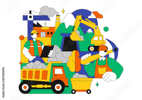 Mining Company Vector Illustration Featuring Heavy Yellow Dumper Trucks for Industrial Sand Mining Transportation Process on Flat Background