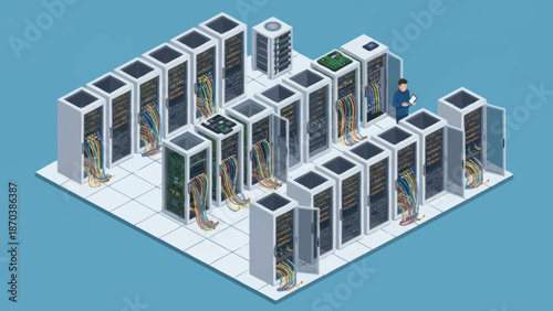 Isometric illustration of multiple server racks arranged on a grid floor.