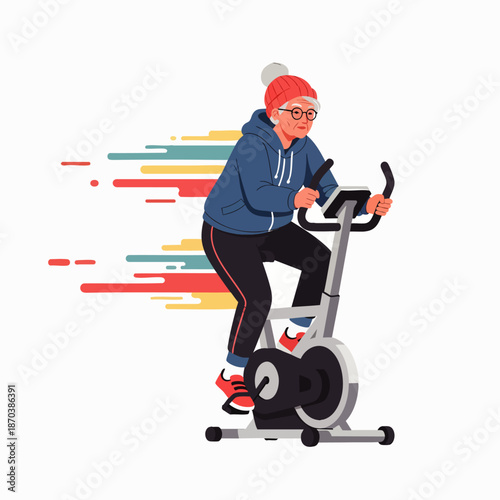 Active senior woman exercising on stationary bike, enjoying a healthy lifestyle and staying fit with determination and energy