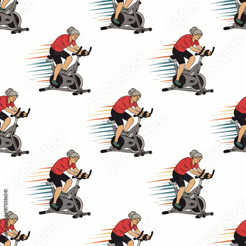 Active senior woman exercising on a stationary bike with motion blur effect, seamless pattern