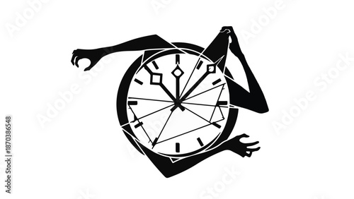 Abstract silhouette of reaching hands tangled with a fragmented clock, symbolizing lost time or urgency.