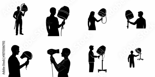 Eight silhouettes illustrating individuals holding or using professional hair dryers and handheld blow dryers, perfect for beauty salon and hairdressing icons.