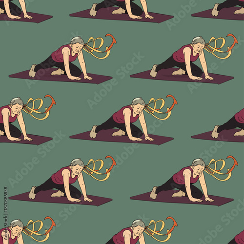 Senior woman doing yoga on a mat with a resistance band, repeating pattern illustration