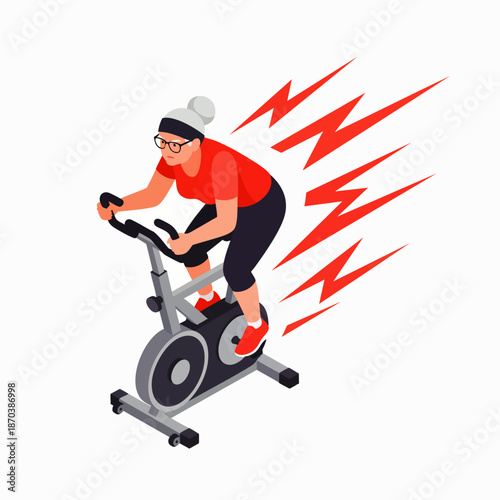 Active senior woman exercising on stationary bike with speed lines, promoting healthy lifestyle and fitness for older adults.
