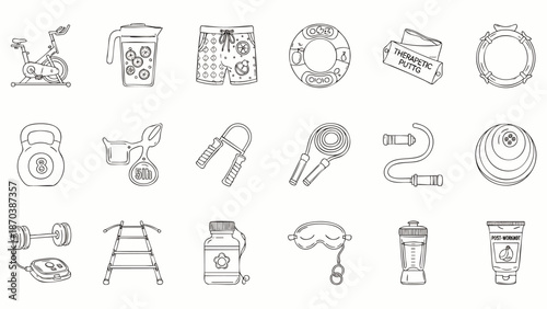 Collection of hand-drawn fitness and exercise icons, including weights, jump ropes, and healthy drinks, for sports and lifestyle themes.
