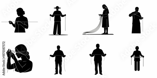 Black silhouettes illustrating different people engaged in handling, measuring, and manipulating thread or string, isolated on white.