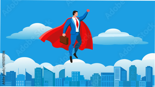 Confident businessman in superhero pose flying over cityscape