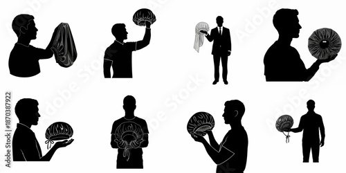 Silhouette collection of men holding and presenting protective hair bonnets or shower caps for beauty and hygiene concepts.