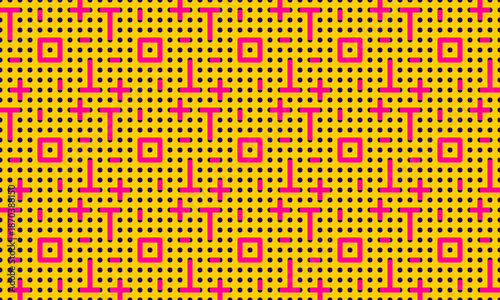 Vibrant geometric pattern with pink 'T' shapes and squares on a yellow background, featuring a subtle blue dot grid texture for modern digital design