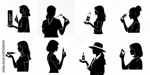 Black silhouettes set of women holding keratin glue and hair extension products, illustrating professional hair care and beauty treatments.