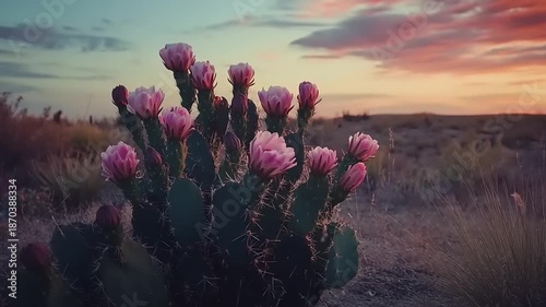 Blooming prickly pear cactus against desert twilight sky