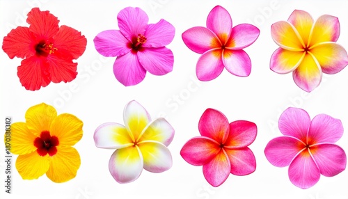 Set of various exotic tropical blooming flowers isolated on withe background