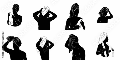 Black silhouette set of people drying hair and wrapping towels (turban style) after showering or spa treatment, isolated on white background.