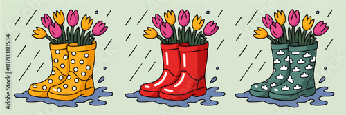 Colorful spring rain boots with tulip flowers in puddles, cute floral rubber wellies illustration for rainy season banner
