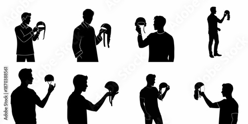 Set of black silhouettes showing men holding wigs and masks, exploring themes of identity, disguise, and self-reflection on a white background.
