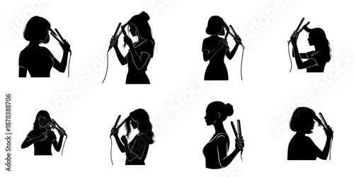 Black silhouette collection of women styling diverse hairstyles using a hair straightener or flat iron, symbolizing beauty and personal self-care routine.