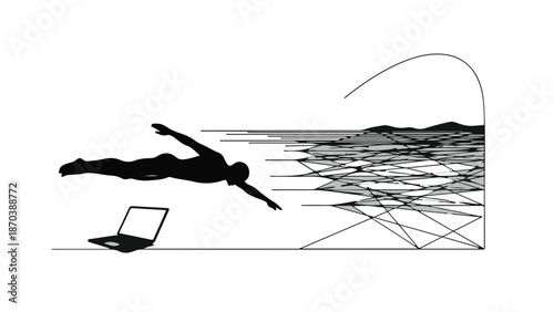 Silhouette swimmer emerges from digital data stream towards abstract landscape