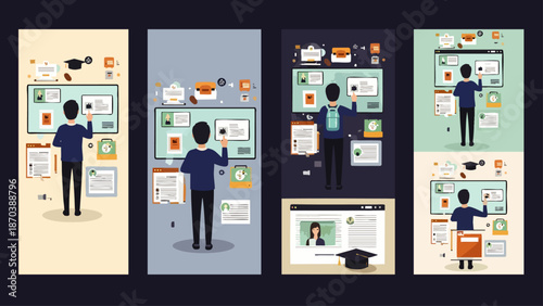 Man interacting with a digital board displaying educational and business icons, representing e-learning and online courses