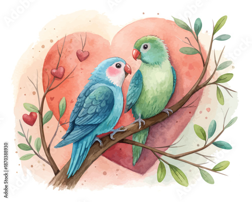 Watercolor Lovebird Couple Sitting on Heart, Romantic Valentine Clipart Isolated on White
