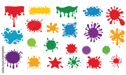 Colorful Paint Splatter Vector Set – Ink Drops, Splash Shapes & Dripping Designs .