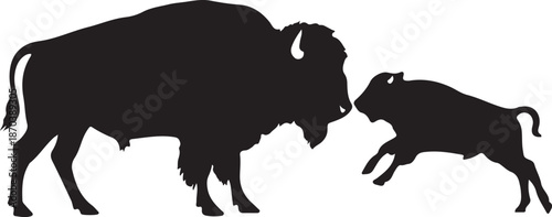 Baby Bison and Mother Silhouette, Wildlife Animal Family Vector, Nature Conservation Illustration