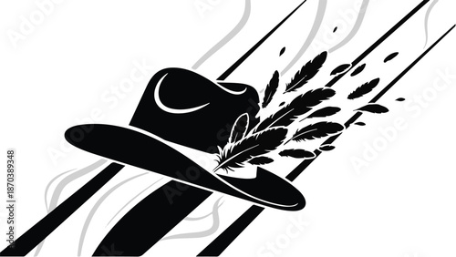 Stylish fedora hat with feathers blowing away in a dynamic, abstract design
