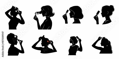 Collection of female silhouettes demonstrating various beauty routines and hairstyles using curlers and brushes, isolated vector icons for hair care and salon concepts.