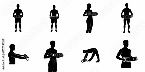 Black Silhouettes of People Using Foam Rollers for Fitness, Stretching, Myofascial Release, and Recovery Exercises.