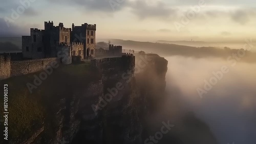 Medieval fortress atop sheer cliff shrouded in morning mist