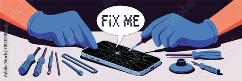 Smartphone repair concept with cracked screen, blue gloves and tools, digital illustration of mobile device maintenance service