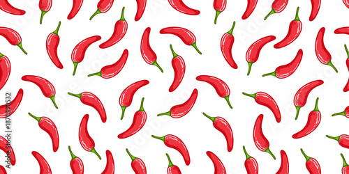 Red Chili Pattern Background. Chili Seamless Pattern. Doodle Chili Background.