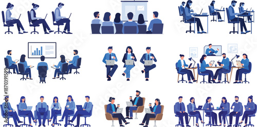 Flat style illustration pack of office workers in activities like presentations, coworking, solo work, and discussions. Ideal for business, teamwork, and modern workplace concepts