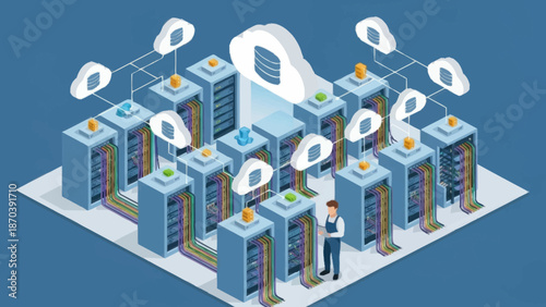 Isometric illustration of data center with servers and IT professionals.