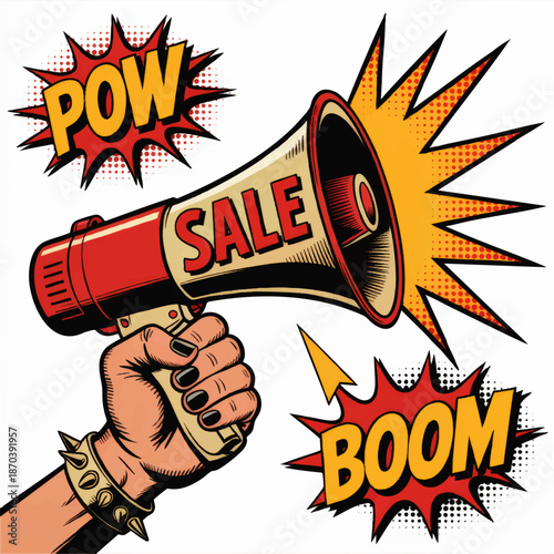 Pop art megaphone sale announcement with comic book explosion effects and retro advertising boom promotion illustration
