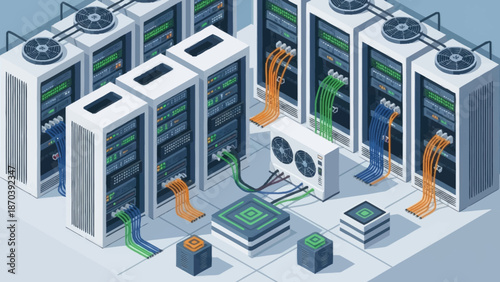 Data center server room with robotic maintenance and cooling systems.